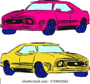 Set of hand drawn car vector illustration.Creative design with pink, yellow colors. 