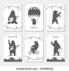 Set hand drawn card with bears. Vector illustration. Collection vintage card
