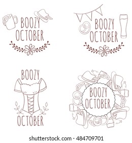 Set of hand drawn card with beer mug and pretzels with floral frame and flags, dirndl, traditional bavarian clothing  isolated on white background. October. Boozy october.