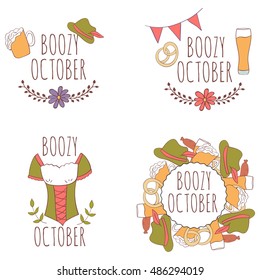 Set of hand drawn card with beer mug and pretzels with floral frame and flags, dirndl, traditional bavarian clothing isolated on white background. October. Boozy october.