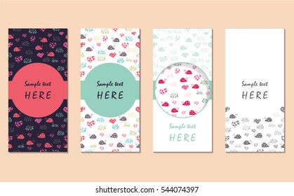 Set of hand drawn card templates with ladybird and hearts. Perfect for Save The Date, baby shower, mothers day, valentines day, birthday cards, invitations. Vector illustration.