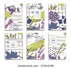 Set of hand drawn cards. Abstract colorful backgrounds. Pastel hipster patterns for placards, posters, banners, flyers, wedding cards