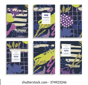 Set of hand drawn cards. Abstract backgrounds. Pastel hipster patterns for placards, posters, banners, flyers, wedding cards