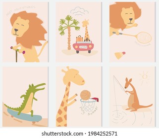 set of hand drawn cards with cartoon animals 