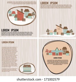 set of hand drawn cards with cute houses composition, vector illustration