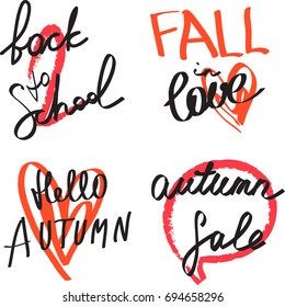 Set hand drawn cards design. Back to school. Fall in love. Hello autumn. Autumn sale
