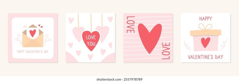 Set of hand drawn cards with hearts suitable for Valentines day, wedding, birthday, vector eps10 illustration