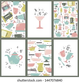 Set of hand drawn cards with kitchen appliances. Cooking vector illustrations.