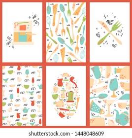 Set of hand drawn cards with kitchen appliances. Cooking vector illustrations.