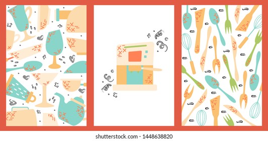 Set of hand drawn cards with kitchen appliances. Cooking vector illustrations.