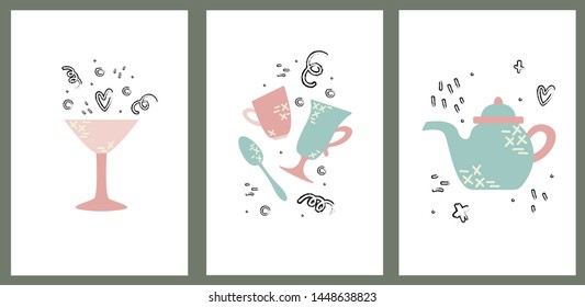 Set of hand drawn cards with kitchen appliances. Cooking vector illustrations.