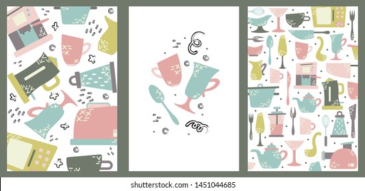 Set of hand drawn cards with kitchen appliances. Cooking vector illustrations.