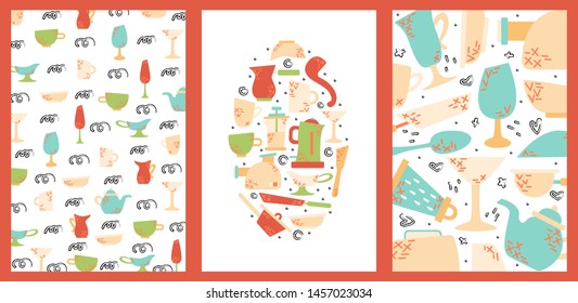 Set of hand drawn cards with kitchen appliances. Cooking vector illustrations.