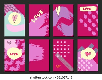 Set of Hand drawn Cards. Made with Ink. Creative Contemporary Design.  Templates For Placards, Posters, Diary, Notebook, Invitation and valentines day  greeting cards