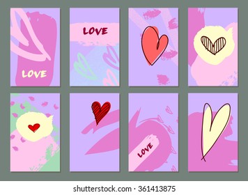 Set of Hand drawn Cards. Made with Ink. Creative Contemporary Design.  Templates For Placards, Posters, Diary, Notebook, Invitation and valentines day  greeting cards