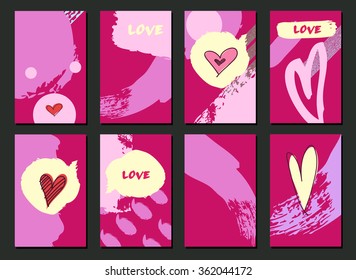 Set of Hand drawn Cards. Made with Ink. Creative Contemporary Design.  Templates For Placards, Posters, Diary, Notebook, Invitation and valentines day  greeting cards