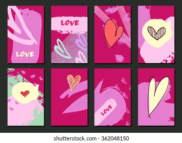 Set of Hand drawn Cards. Made with Ink. Creative Contemporary Design.  Templates For Placards, Posters, Diary, Notebook, Invitation and valentines day  greeting cards