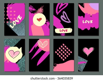 Set of Hand drawn Cards. Made with Ink. Creative Contemporary Design.  Templates For Placards, Posters, Diary, Notebook, Invitation and valentines day  greeting cards