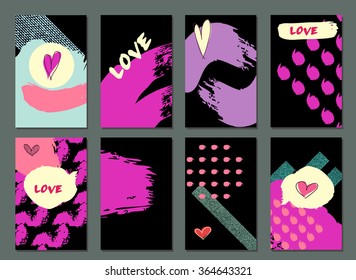 Set of Hand drawn Cards. Made with Ink. Creative Contemporary Design.  Templates For Placards, Posters, Diary, Notebook, Invitation and valentines day  greeting cards