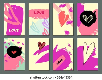 Set of Hand drawn Cards. Made with Ink. Creative Contemporary Design.  Templates For Placards, Posters, Diary, Notebook, Invitation and valentines day  greeting cards