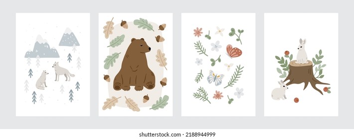 Juego de cartas y afiches con animales y plantas forestales. Cuta ilustración escandinava con animales salvajes y bosques. Arte infantil para diseño de guarderías e impresiones. Encantadores animales de bosque