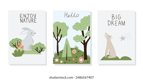 Set of hand drawn cards and posters with forest animals and plants. Baby art for nursery design and prints. Charming cartoon woodland animals