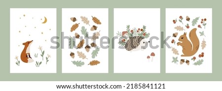 Set of hand drawn cards and posters with forest animals and plants. Cute Scandinavian illustration with wild animals and woods. Childish art for nursery design and prints. Charming woodland animals 商業照片 © 