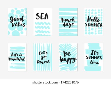 Set of hand drawn cards with sea waves, stripes, bubbles, circles, palm leaf in mint green color and calligraphy. Summer time, be happy, go travel, hello summer.