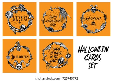 Set of hand drawn cards. Spooky Halloween Party sketch frame design illustration. Detailed holiday backgrounds. All items are separate with twigs laurel, forest wreath or boho witch frame. Vector.