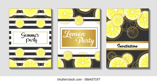 Set of hand drawn cards. Vector collection of black, white, gold colored cute cards. Beautiful posters with pineapple, banana and lemon.
