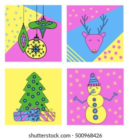 a set of hand drawn cards in a vintage style; sketched; doodle vector illustrations; square poster Merry Christmas; neon colors
