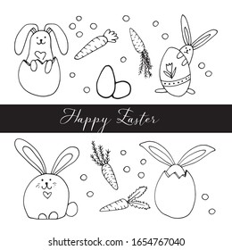 Set of hand drawn carrots and rabbit with eggs for easter design, greeting cards, posters, recipe, culinary design. Isolated on white background. Doodle vector illustration.