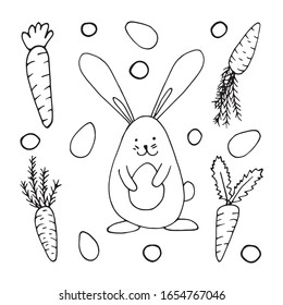 Set of hand drawn carrots and rabbit with eggs for easter design, greeting cards, posters, recipe, culinary design. Isolated on white background. Doodle vector illustration.