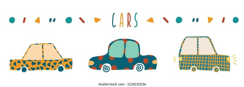 Set with hand drawn cars and abstract dots in cute childish style. Perfect for cards, poster, nursery decoration.