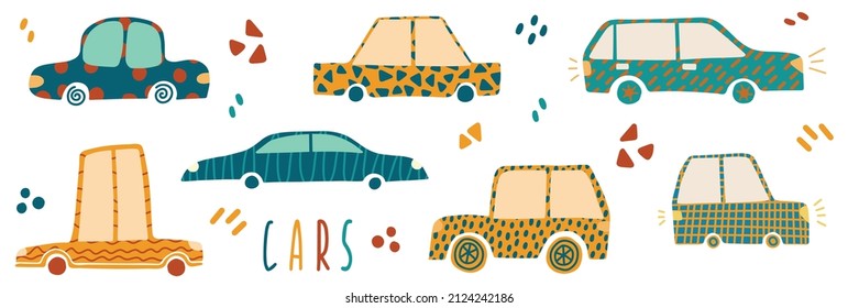 Set with hand drawn cars and abstract dots in cute childish style. Perfect for t-shirt, apparel, cards, poster, nursery decoration. Vector illustrations