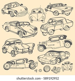 Set of hand drawn cars. Doodle. stylized shapes