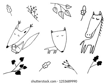 Set of hand drawn Cartoon Animals. Vector illustration. Pen drawing.