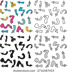 Un conjunto de flechas de dibujos animados dibujadas a mano. Incluye iconos de flecha de línea y silueta negra de colores. Perfecto para infografías, pegatinas y Elementos de diseño.