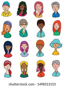 set of hand drawn cartoon avatars