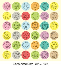Set of hand drawn cartoon avatars doodle people faces with expressions. Vector  illustration