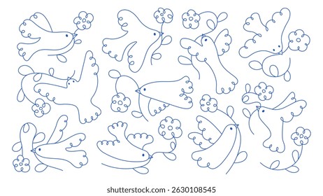 Set of hand drawn cartoon birds. Pen doodles. Vector trend birds