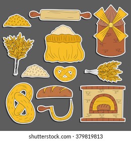 Set of hand drawn cartoon bread harvest objects: loaf, flour, furnace, mill. Bread production. Rural work concept