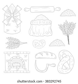 Set of hand drawn cartoon bread harvest objects: loaf, flour, furnace, mill. Bread production. Rural work concept
