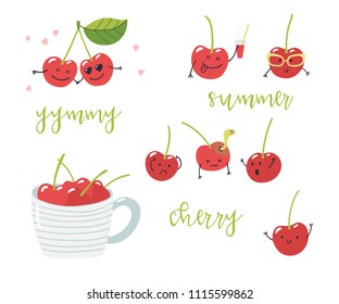 Set with hand drawn cartoon cherries with different emotions. Vector illustration.