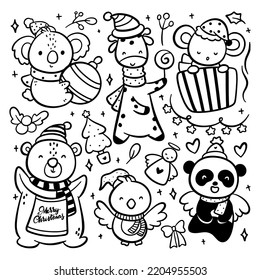 Set of hand drawn cartoon Christmas animal vector illustration
