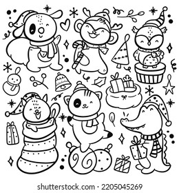 Set of hand drawn cartoon Christmas animal vector illustration