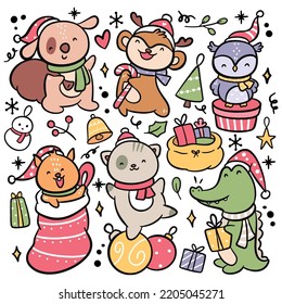 Set of hand drawn cartoon Christmas animal vector illustration