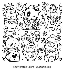 Set of hand drawn cartoon Christmas animal vector illustration