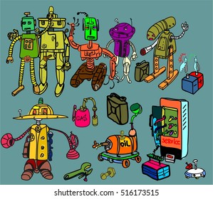 Set of hand drawn cartoon colored robots. Vector illustration.