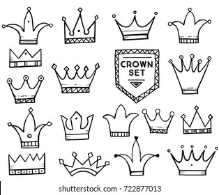 Set of Hand Drawn Cartoon Crowns. Vector Illustration. Isolated on White Background.